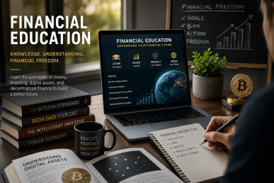 Financial education workspace with digital asset learning materials, Bitcoin references, investment planning notebook, and modern financial literacy concepts.